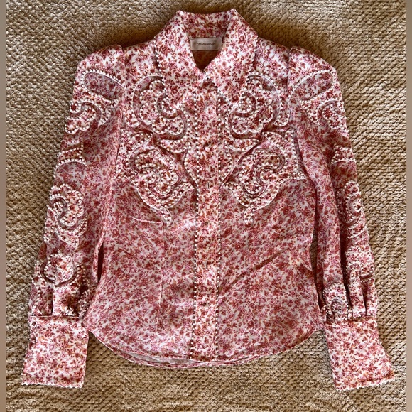 ZIMMERMANN Floral Linen Embroidered Blouse Sz 0 - Picture 1 of 5